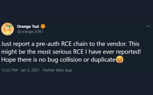 Orange Tsai teaser for pre-authentication remote code execution chain on Twitter.