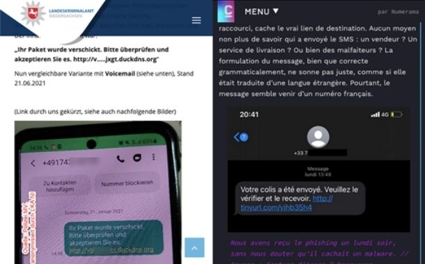 SMiShing alerts on German and French websites