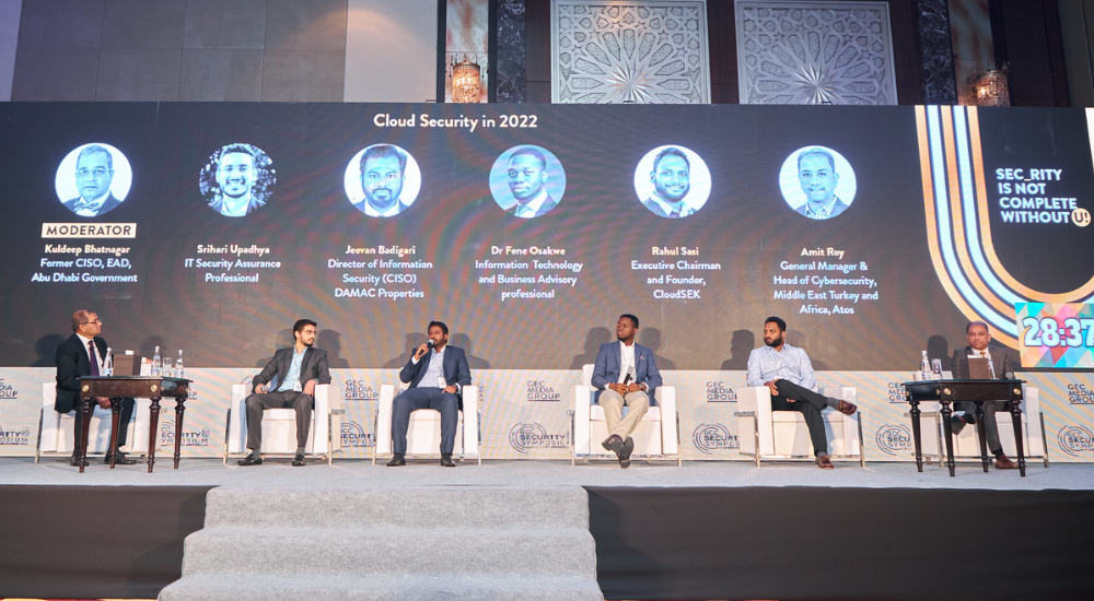 Panel Discussion on Cloud Security in 2022 was joined by Srihari Upadhya, IT Security Assurance Professional; Jeevan Badigari, Director of Information Security (CISO) DAMAC Properties; Dr Fene Osakwe, Information Technology and Business Advisory professional Rahul Sasi, Executive Chairman and Founder, CloudSEK; Amit Roy, General Manager and Head of Cybersecurity, Middle East Turkey and Africa, Atos and moderated by the Kuldeep Bhatnagar, Former CISO, EAD, Abu Dhabi Government.