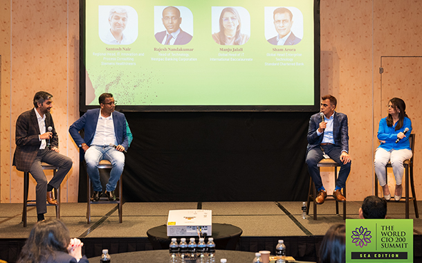 (Left to right) Santosh Nair, Regional Head, IT Innovation and Process Consulting, Siemens Healthineers; Rajesh Nandakumar, Head of Technology, Westpac Banking Corporation; Sham Arora, Global Head Enterprise Technology, Standard Chartered Bank and Manju Jalali, Global Head of IT, International Baccalaureate.